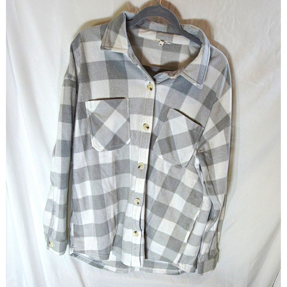 maurices Women’s XL Gray White Plaid Fleece Collared Long Sleeve Shacket
